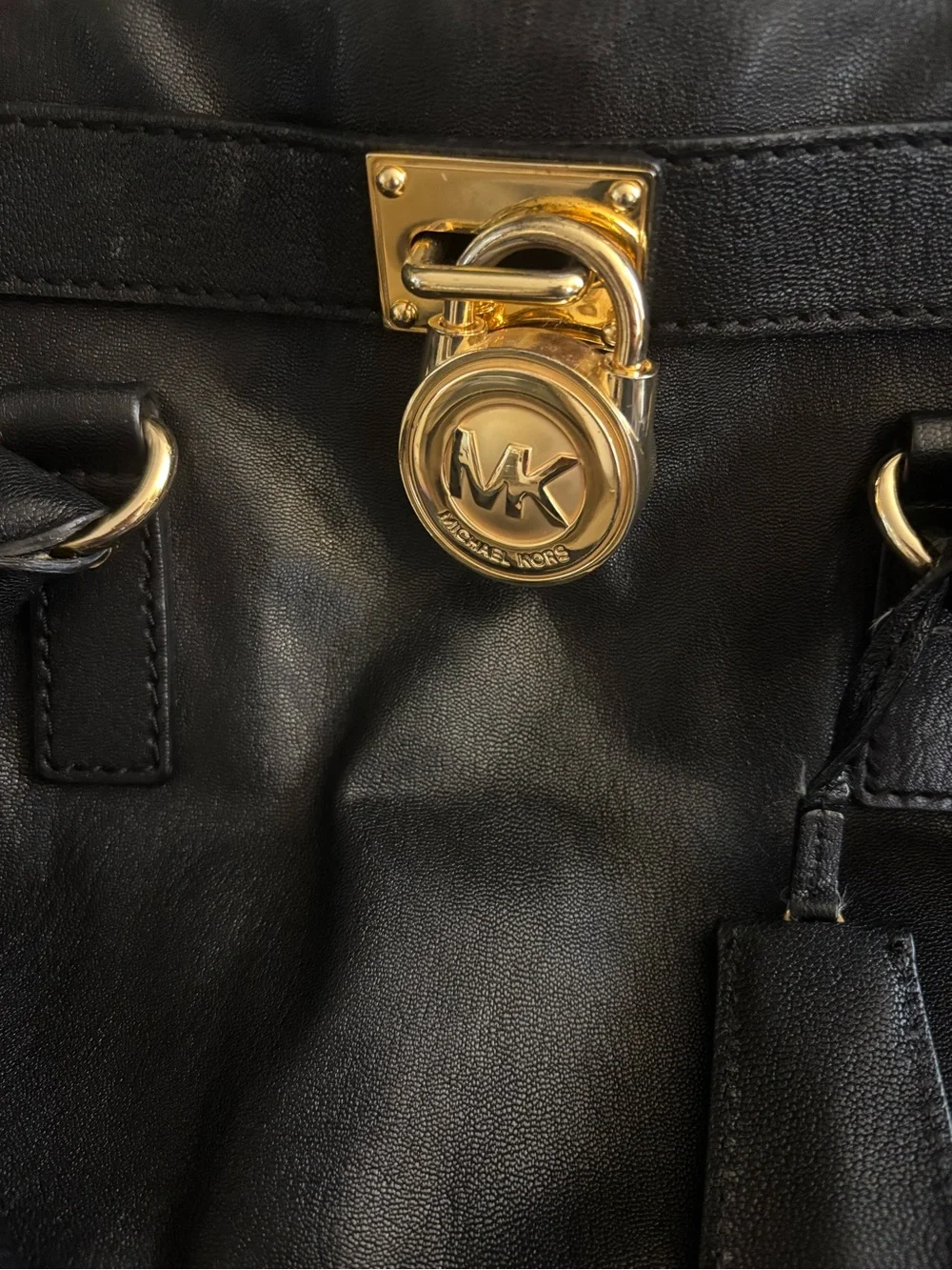 Michael Kors Black Leather Structured Satchel with Gold Hardware